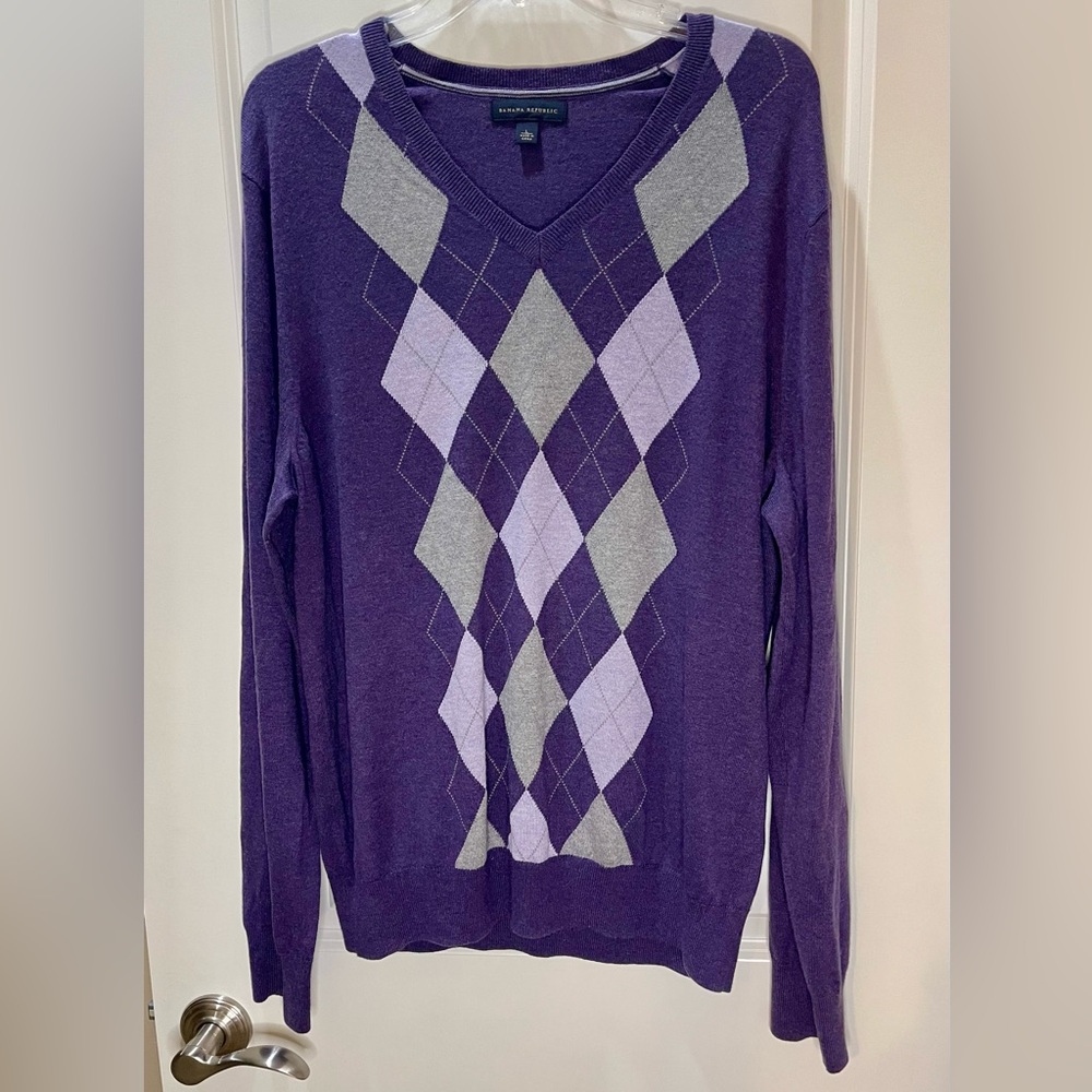 Banana Republic Sweater Silk & Cashmere Blend Argyle V-Neck Size L